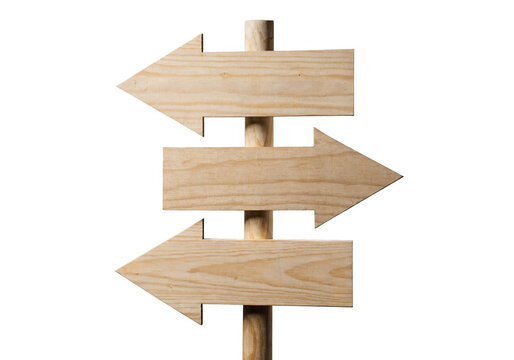 Stack of three wooden arrow signs pointing different directions isolated on a transparent background.