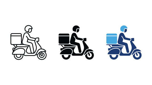 Set of delivery scooter icons with rider, courier service symbol, vector illustration