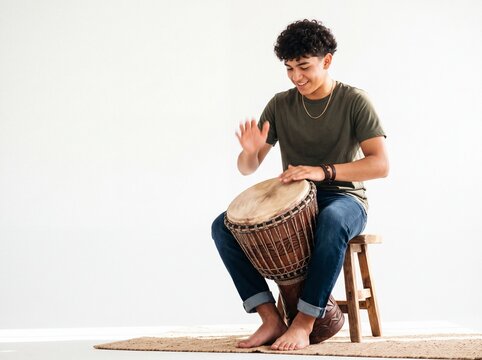 Young person playing African percussion djembe drum