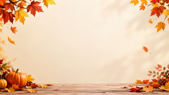 Fall season Pumpkins and Autumn Leaves on Wooden Table