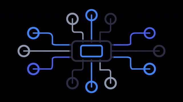microchip circuit data network diagram animation Synchronized Linear Signal Path Centralization Clean Monochrome Tech Slate 4K