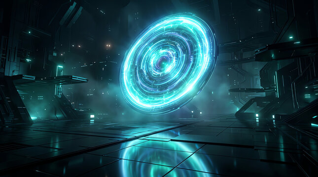 Futuristic digital face emerging from a swirling vortex of blue light and data streams in a dark setting