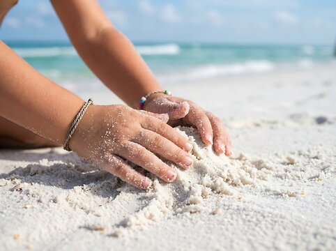 A child's hands playing in sand on beach