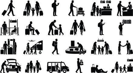 Silhouette icons illustrating airport and travel scenes, including passengers with luggage, check-in counters, security checks, and departures, ideal for travel agencies or transportation themes. © MDABDULLAH