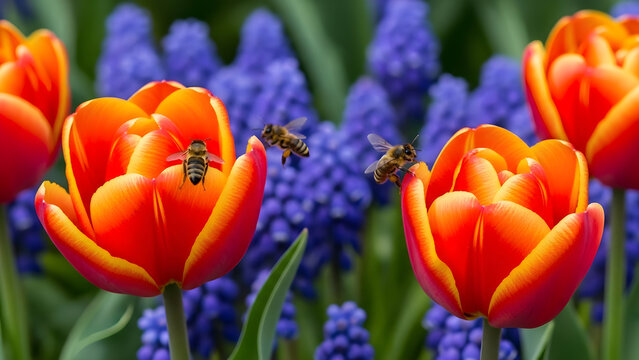 Vibrant Orange Tulips and Purple Muscari Flowers with Busy Bees Pollinating in a Sunny Spring Garden Setting