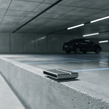 Modern electronic sensor or device on a concrete barrier in an underground parking garage   