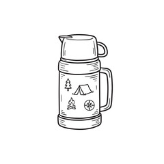 A hand drawn line art illustration of a camping thermos with adventure themed icons for outdoor and travel related designs. © Mr WaQaS