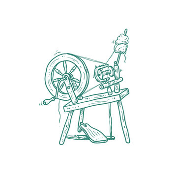 A vintage line art illustration of an old wooden spinning wheel for historical craft and traditional textile designs.