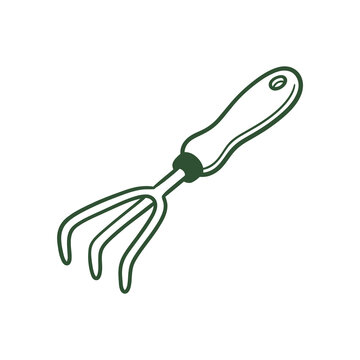 Green hand rake garden tool with four tines for soil cultivation and planting in outdoor activities.