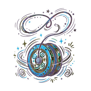 Hand drawn yo yo toy with colorful lines and stars creating a sense of motion and play.