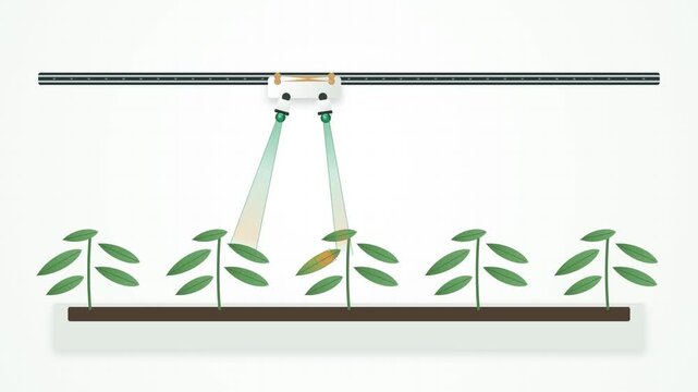 Premium cinematic agritech animation showing an automated overhead optical scanner traversing a botanical crop row, decelerating and articulating its dual-lens emerald vision module to isolate a local