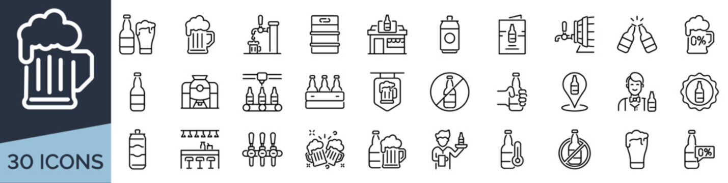 Set of 30 outline icons related to beer. Linear icon collection. Editable stroke. Vector illustration