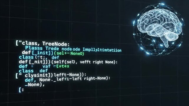 Artificial intelligence brain graphic next to lines of computer code running on dark background.