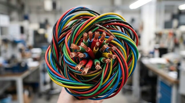 Colorful electrical cables bundled together on person head in workshop setting