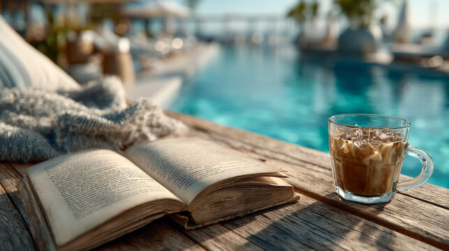 Reading book with iced coffee at luxury resort pool vacation relaxation background