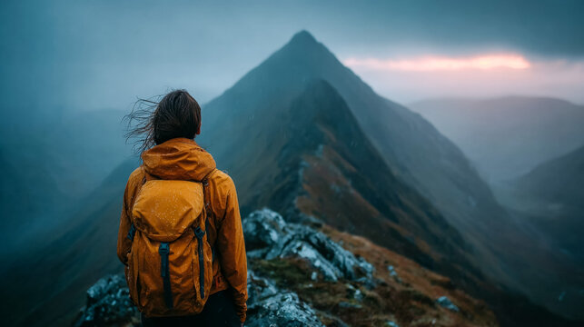 Solo hiker on mountain ridge facing dramatic peak outdoor adventure travel background