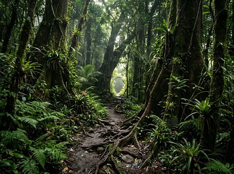 Lush green forest trail surrounded by dense vegetation and towering trees