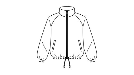 Windbreaker jacket with elastic drawstring hem, full zip, high collar, raglan sleeves, and side pockets. Minimalist vector icon illustration for fashion design, streetwear, and outdoor apparel © MDAMANULLAH