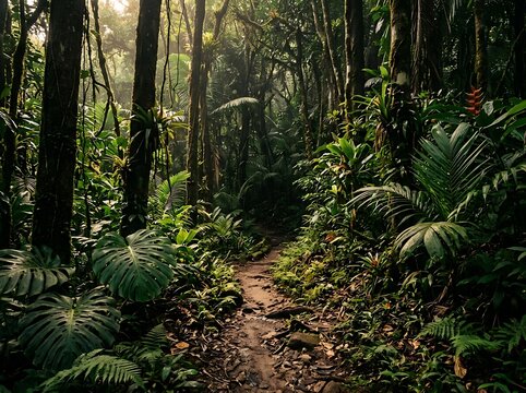 Lush green forest trail surrounded by tall trees and ferns
