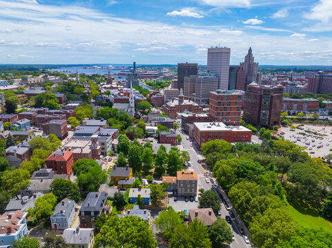 Providence modern city aerial view, including Industrial National Bank Building, One Financial Plaza, Residences Providence in downtown Providence, Rhode Island RI, USA.