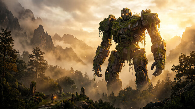 Colossal ancient robot standing in misty mountains, overgrown mossy giant mech in cinematic forest landscape, fantasy stone golem at sunset