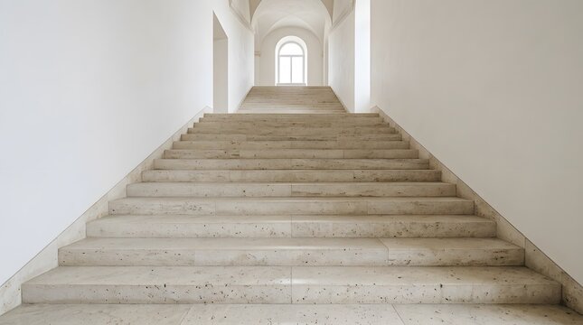Stone staircase rising centrally inside a bright minimalist corridor leads towards an arched window at the far end.