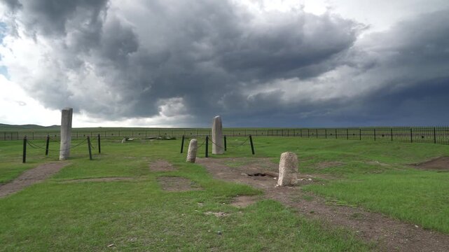 Historic runic inscription carved on a stone monument preserves ancient steppe writing, Tonyukuk.