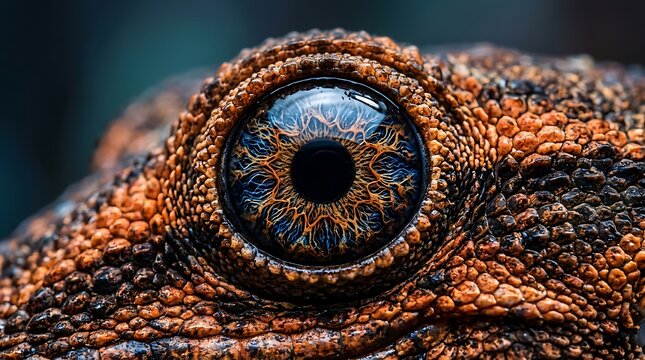 Close up photograph showcases a lizard eye with intricate blue and orange details