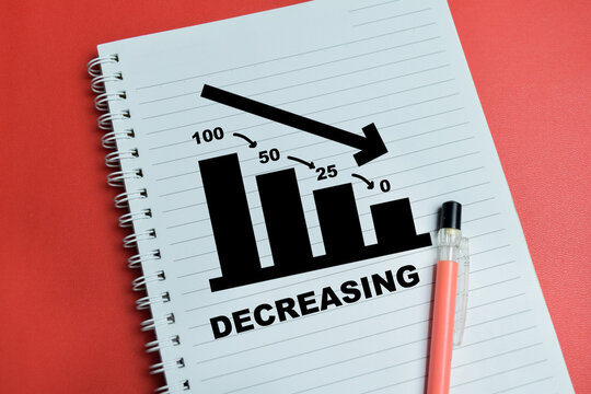 Concept of decreasing bar chart write on book isolated on table. For decline, loss and reduction