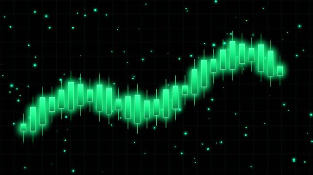 Glowing green financial candlestick chart on dark background
