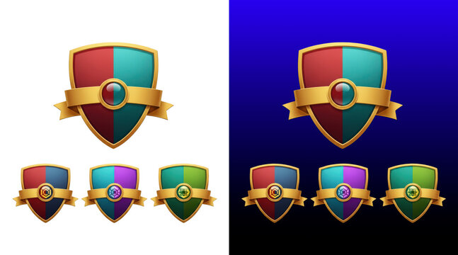 Colorful shield badges with gem center and ribbon design set