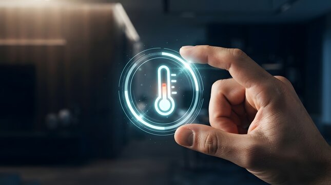 Hand adjusting home temperature using a futuristic digital thermometer interface, representing smart home automation and climate control technology for energy efficiency.