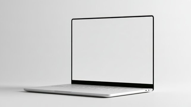 Minimalist tech gadget image: slim laptop, blank screen, white backdrop, studio lighting