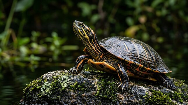 Pond turtle resting on a moss covered rock in a natural setting