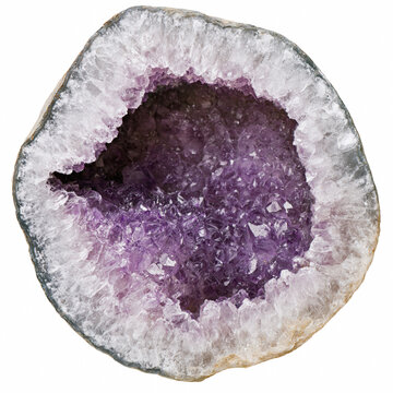 Natural purple amethyst crystal geode slice isolated on white background, symbolizing mineral beauty, geological gemstone, holistic healing, mineralogy collection, and spiritual energy.