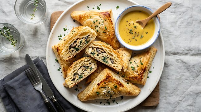 Puff pastry triangles with creamy sauce are arranged on a white plate