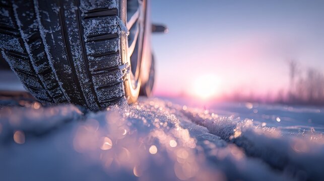 Winter car tire on snowy road at sunset, close up of vehicle wheel with snow in tread, seasonal driving safety and automotive maintenance concept