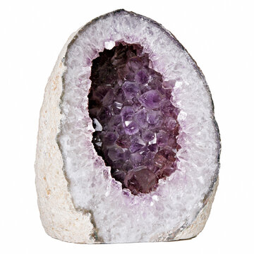 Natural purple amethyst geode crystal mineral gemstone isolated on a solid white background, ideal for esoteric healing, geology study, luxury jewelry presentation, and holistic wellness.