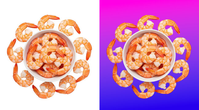 Cooked shrimp arranged creatively in bowls with decorative pattern