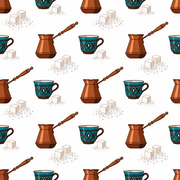 Seamless pattern with traditional copper coffee pots and decorative ceramic cups with sugar cubes.