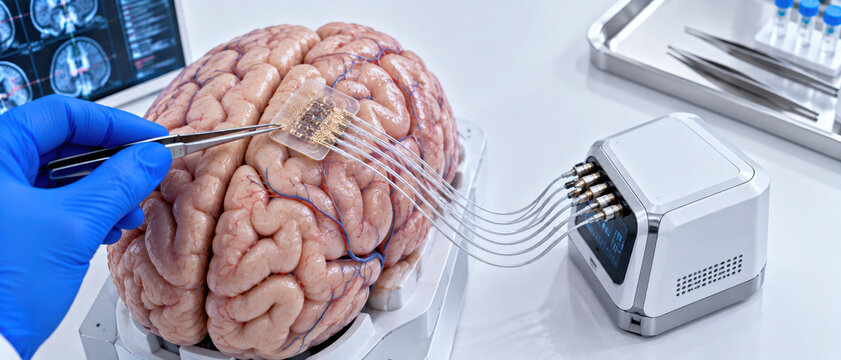 Brain surgery neural interface human brain medical research neuroscience blue glove surgical instrument electronic device laboratory