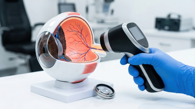Eye model and medical scanner demonstrate diagnostic examination in clean clinical laboratory with gloved healthcare worker and detailed anatomical structure