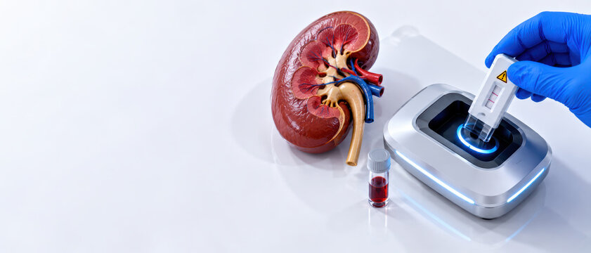 Medical diagnostic device analyzes blood sample beside human kidney model laboratory setting, supporting clinical research, disease testing, and modern healthcare innovation with sterile equipment