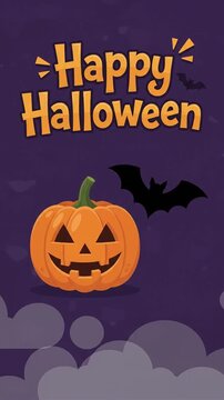 Happy Halloween festival greeting with glowing pumpkin and bats motion graphic, ai generated