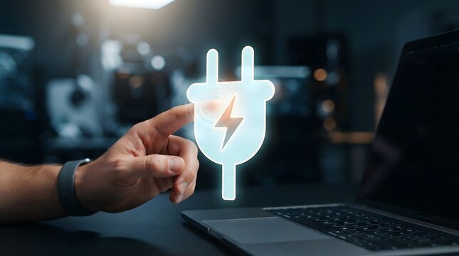 Digital interface of an electric plug icon being touched by a hand, symbolizing sustainable energy, power consumption, and renewable electricity technology in a modern office.