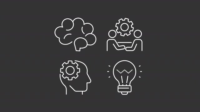 Animated brainstorm white line icons. Focusing on problem solving outline animation set. Working on action plan. Business strategy development. Dark mode linear motion graphics loop