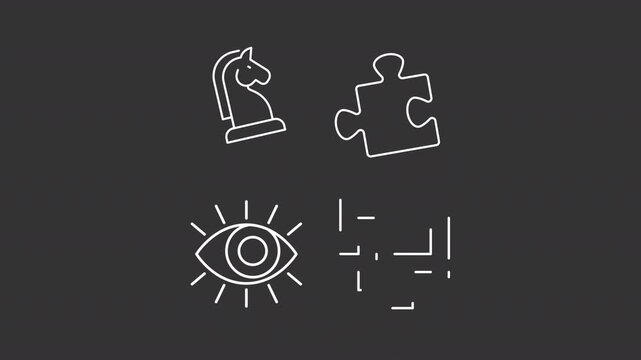 Animated boardgames white line icons. Tabletop games outline animation set. Development of strategic thinking. Having fun with brain teasers. Dark mode linear motion graphics loop