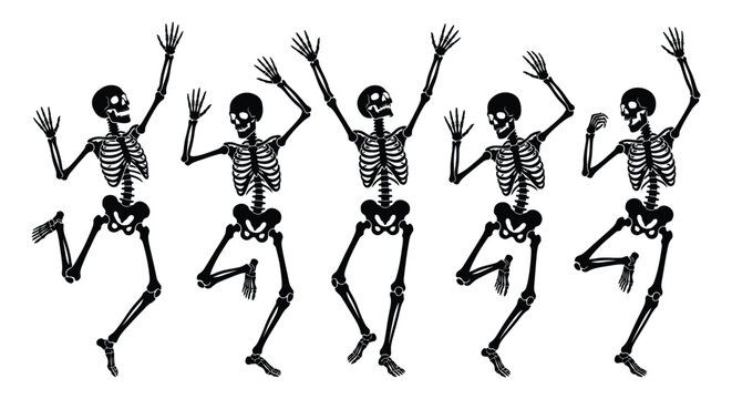 Four black silhouette skeletons are dynamically posed with arms raised