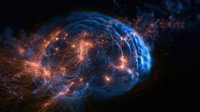An abstract brain form shows glowing activity in the prefrontal cortex and memory areas with nootropic molecules entering to enhance function.