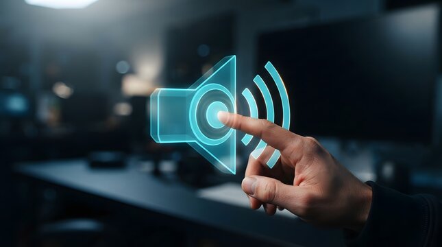 Close-up of a hand touching a glowing blue holographic speaker icon representing digital sound and volume control in a futuristic office environment.